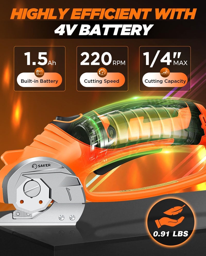 Saker Box Cutter Electric Cordless: Card board Cutter Scissors for Fabric Leather Paper Plastic - Cardboard Cutting Tool with 4V Recharged Battery - Safety Lock and LED Light for Cutting,Orange - Image 4